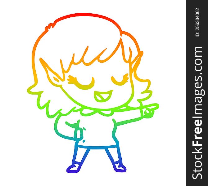 Rainbow Gradient Line Drawing Happy Cartoon Elf Girl Pointing