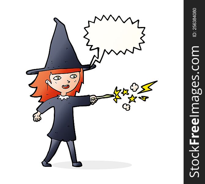 Cartoon Witch Girl Casting Spell With Speech Bubble