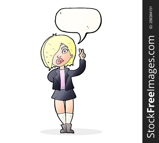 Cartoon Cool Girl Giving Peace Sign With Speech Bubble