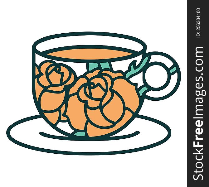 iconic tattoo style image of a cup and flowers. iconic tattoo style image of a cup and flowers