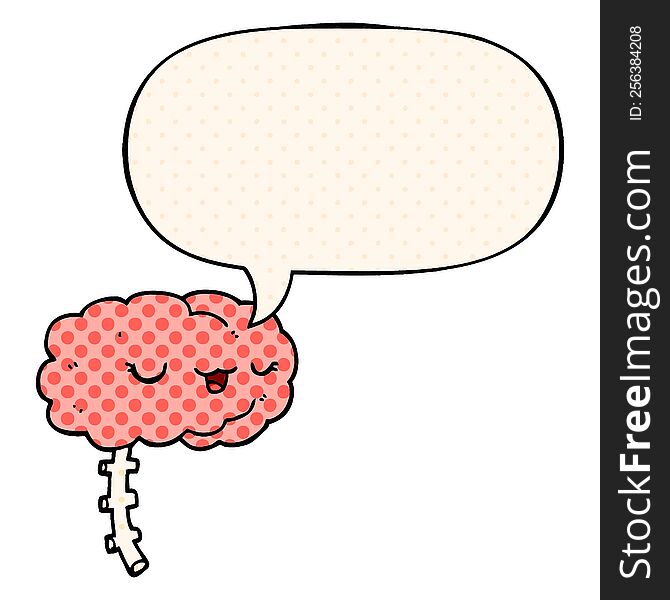 Happy Cartoon Brain And Speech Bubble In Comic Book Style