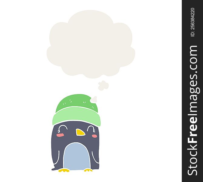 cute cartoon penguin with thought bubble in retro style