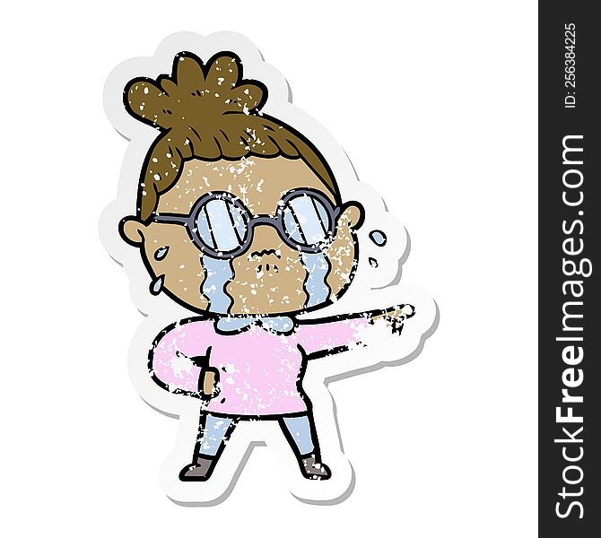 Distressed Sticker Of A Cartoon Crying Woman Wearing Spectacles
