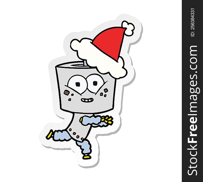 Happy Sticker Cartoon Of A Robot Wearing Santa Hat