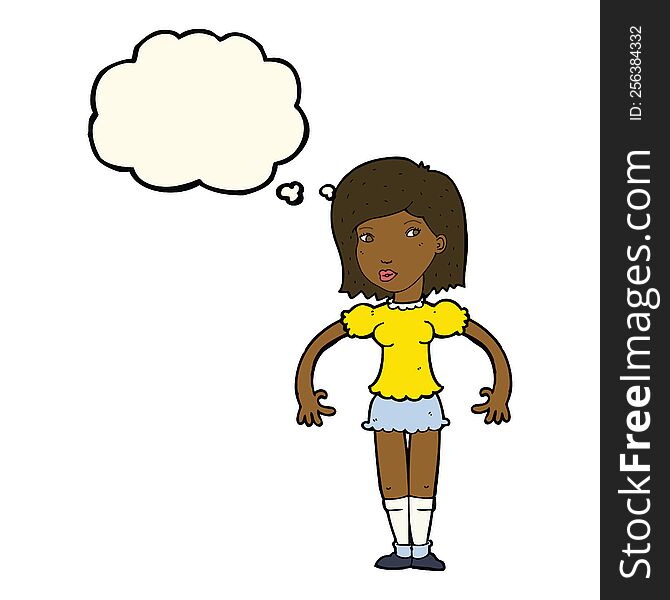 cartoon woman looking sideways with thought bubble