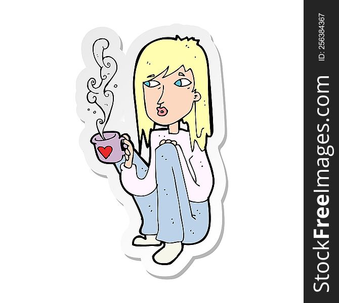 Sticker Of A Cartoon Woman With Cup Of Coffee