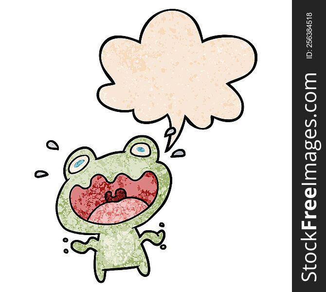 cute cartoon frog frightened with speech bubble in retro texture style