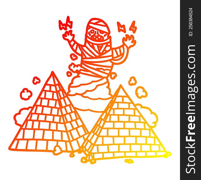 warm gradient line drawing cartoon mummy and pyramids