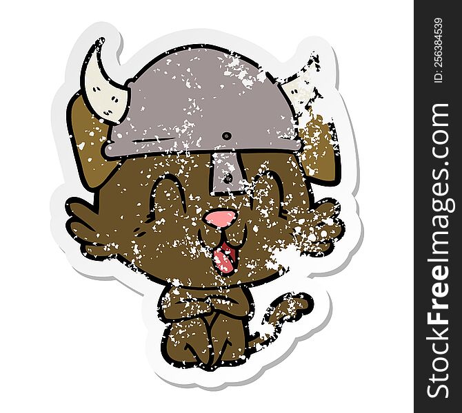 Distressed Sticker Of A Laughing Cartoon Viking Dog