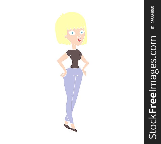 Flat Color Illustration Of A Cartoon Woman With Hands On Hips