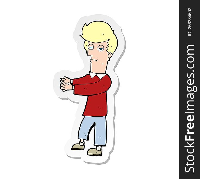 sticker of a cartoon bored man showing the way