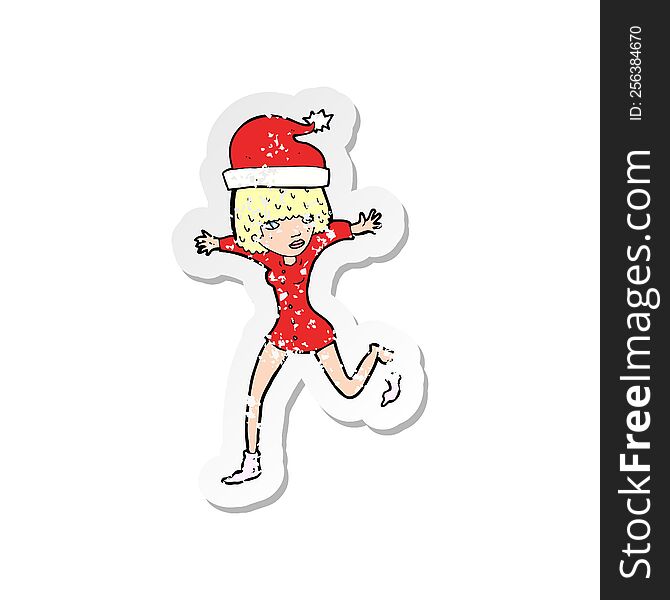 retro distressed sticker of a cartoon woman excited for christmas
