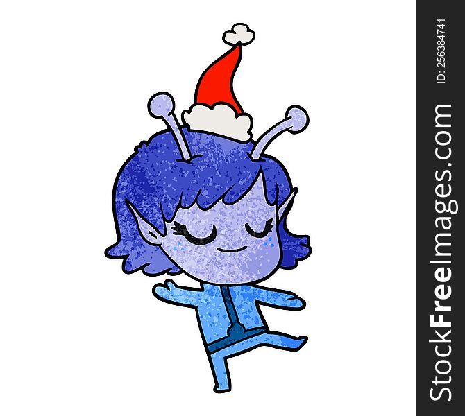 smiling alien girl hand drawn textured cartoon of a wearing santa hat. smiling alien girl hand drawn textured cartoon of a wearing santa hat