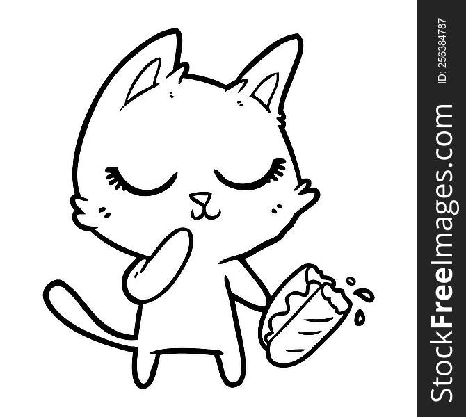 calm cartoon cat considering sharing a baguette. calm cartoon cat considering sharing a baguette