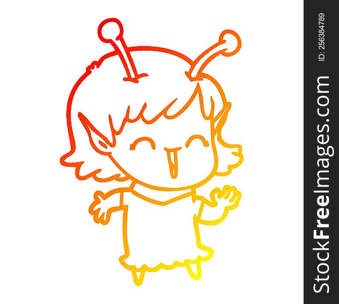 warm gradient line drawing cartoon alien girl laughing