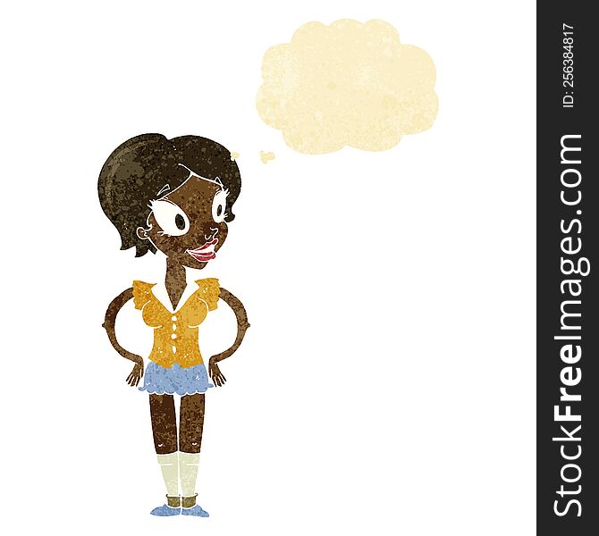 cartoon happy woman in short skirt with thought bubble