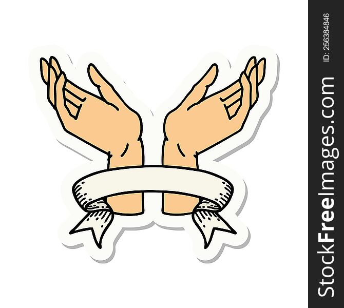 tattoo style sticker with banner of open hands