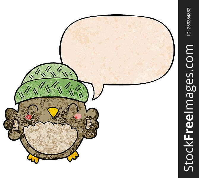 Cute Cartoon Owl In Hat And Speech Bubble In Retro Texture Style