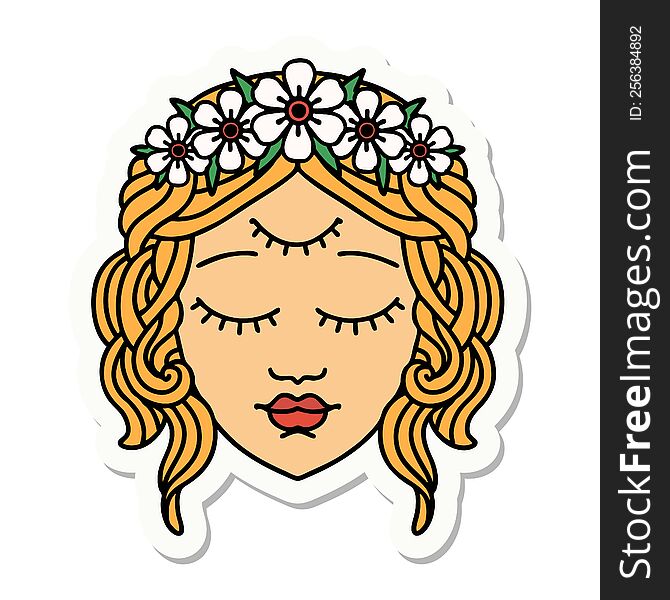 sticker of tattoo in traditional style of female face with third eye. sticker of tattoo in traditional style of female face with third eye