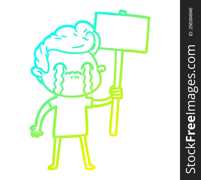 cold gradient line drawing of a cartoon man crying holding sign