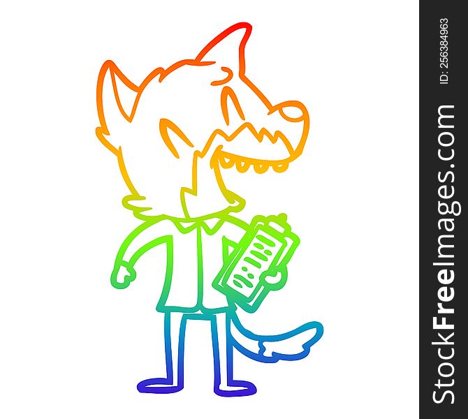 rainbow gradient line drawing of a laughing fox salesman