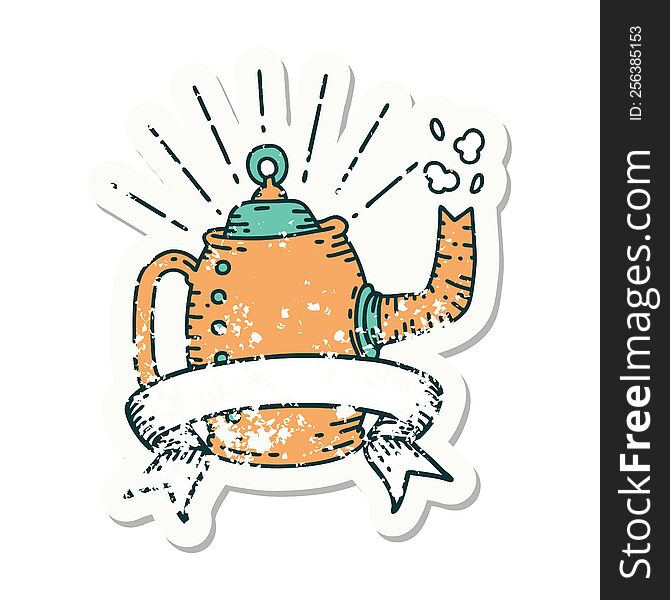 grunge sticker of tattoo style old coffee pot steaming