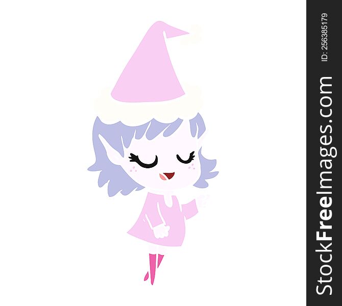 happy hand drawn flat color illustration of a elf girl pointing wearing santa hat