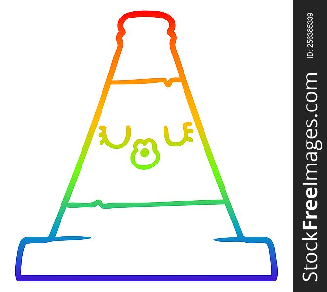 rainbow gradient line drawing of a cartoon road traffic cone