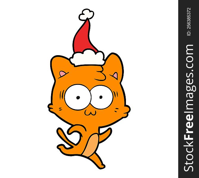 Line Drawing Of A Surprised Cat Running Wearing Santa Hat