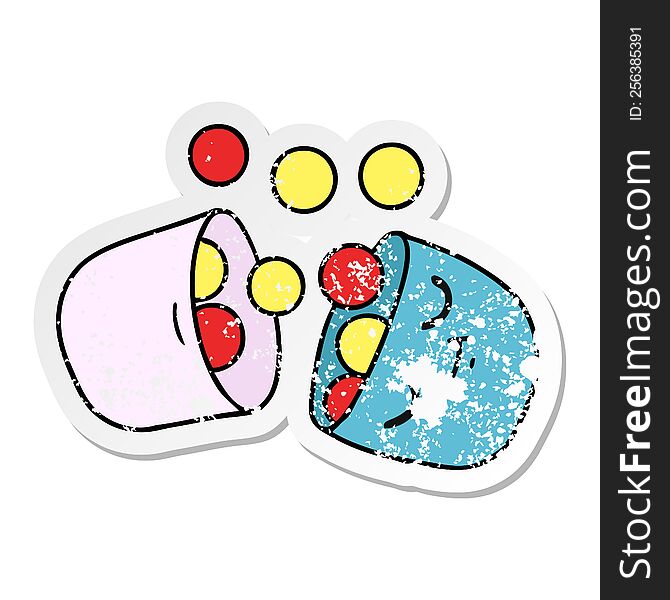 freehand drawn distressed sticker cartoon of a smiling pill
