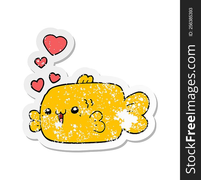 distressed sticker of a cute cartoon fish with love hearts