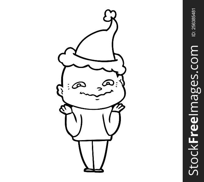 hand drawn line drawing of a creepy guy wearing santa hat
