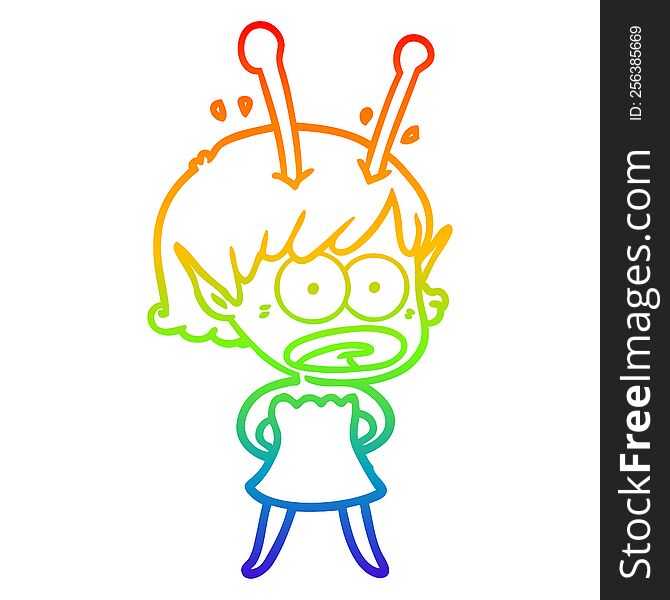 Rainbow Gradient Line Drawing Cartoon Shocked Alien Girl