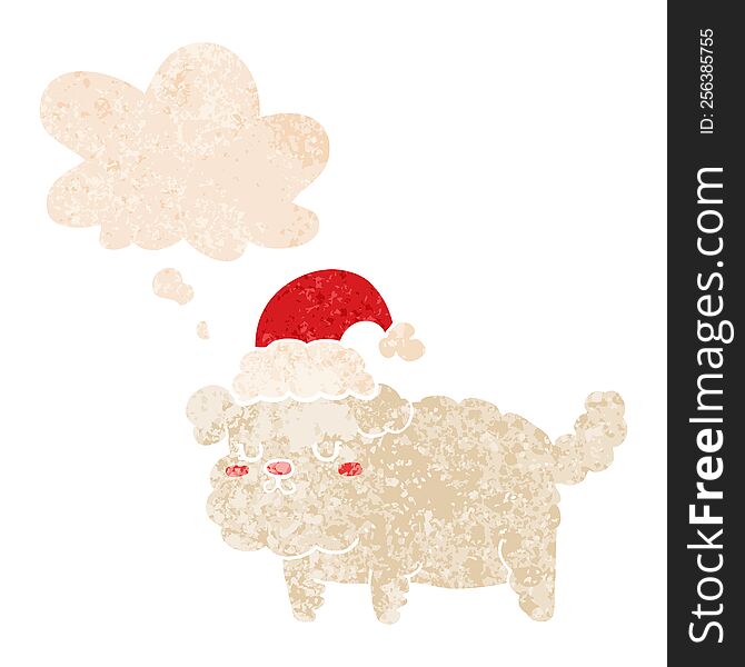 Cute Christmas Dog And Thought Bubble In Retro Textured Style