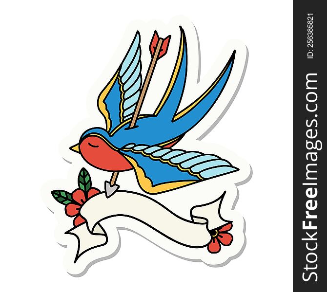 tattoo sticker with banner of a swallow pieced by arrow