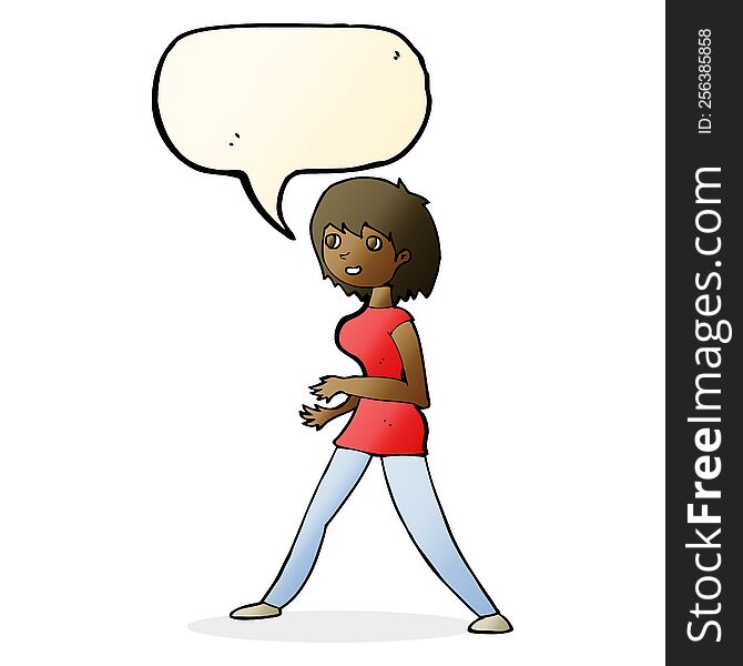 cartoon woman walking with speech bubble