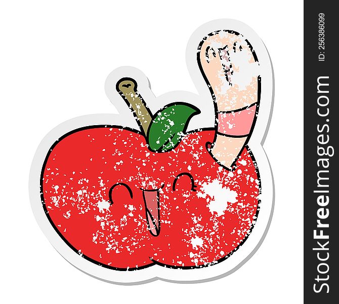 Distressed Sticker Of A Cartoon Worm In Happy Apple