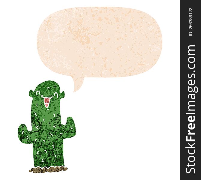 Cartoon Cactus And Speech Bubble In Retro Textured Style