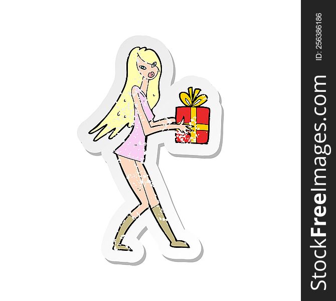 retro distressed sticker of a cartoon fashion girl with present