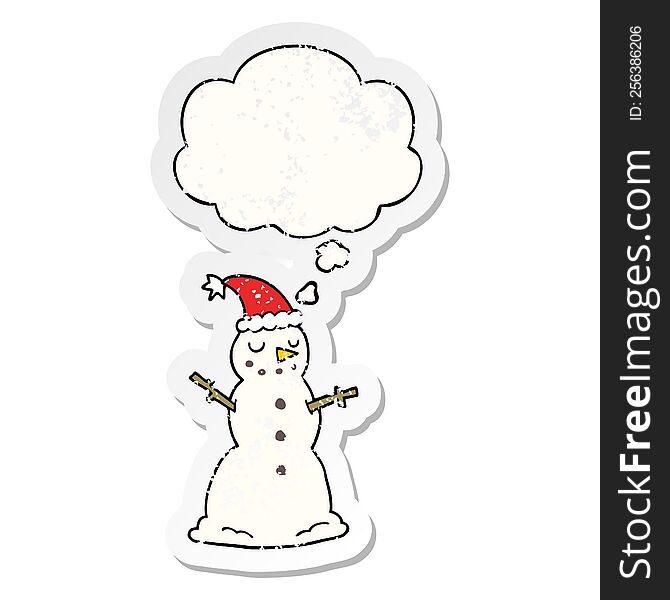 cartoon christmas snowman with thought bubble as a distressed worn sticker