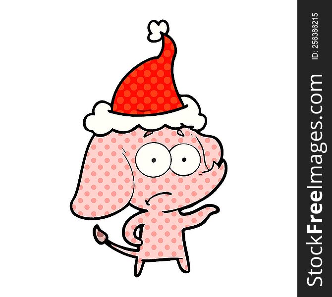 hand drawn comic book style illustration of a unsure elephant wearing santa hat