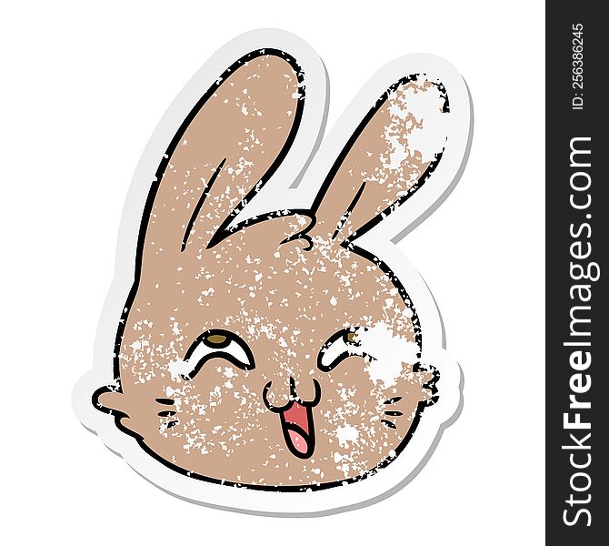 Distressed Sticker Of A Cartoon Happy Rabbit Face
