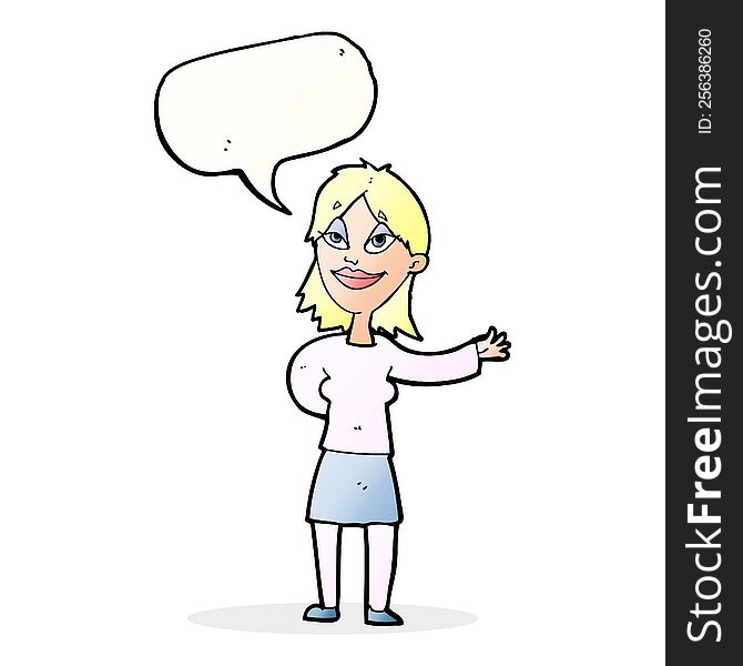 Cartoon Woman Gesturing To Show Something With Speech Bubble