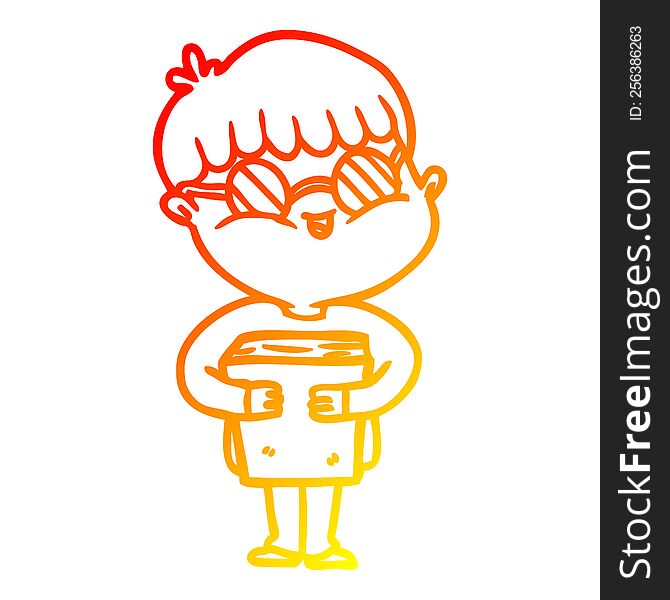 warm gradient line drawing of a cartoon boy wearing spectacles carrying book