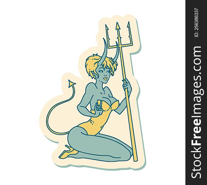 sticker of tattoo in traditional style of a pinup devil girl. sticker of tattoo in traditional style of a pinup devil girl