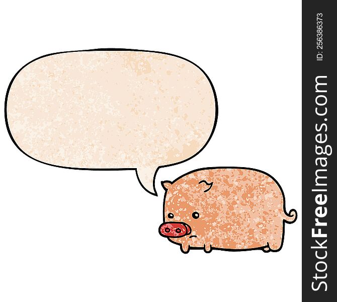 Cute Cartoon Pig And Speech Bubble In Retro Texture Style