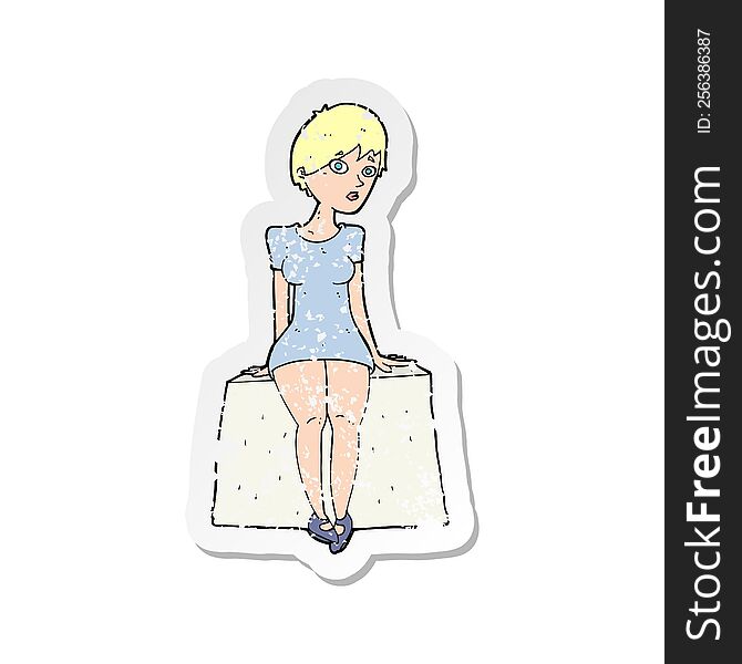 retro distressed sticker of a cartoon curious woman sitting