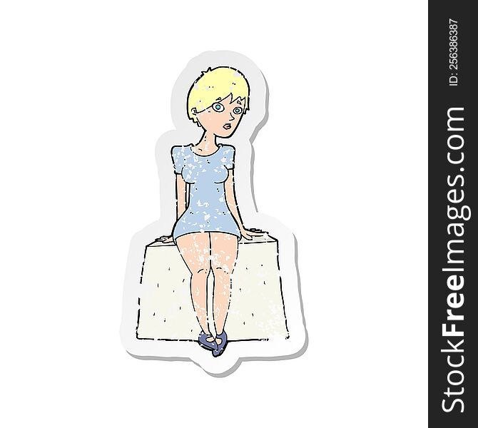 Retro Distressed Sticker Of A Cartoon Curious Woman Sitting