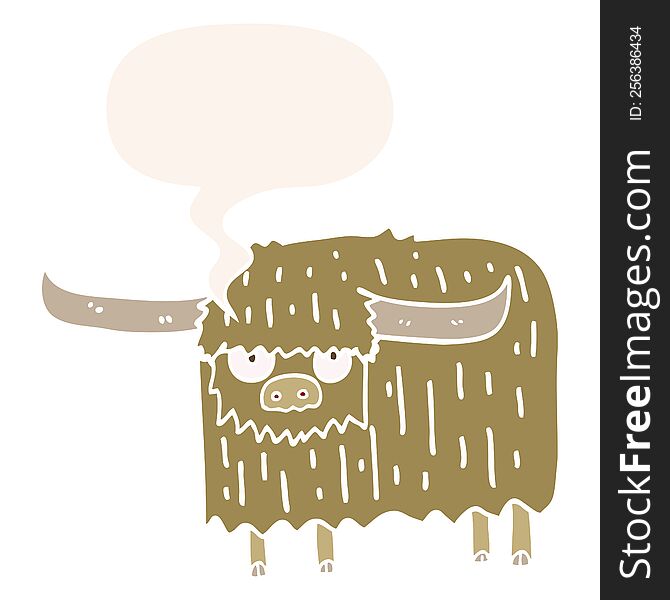 Cartoon Hairy Cow And Speech Bubble In Retro Style