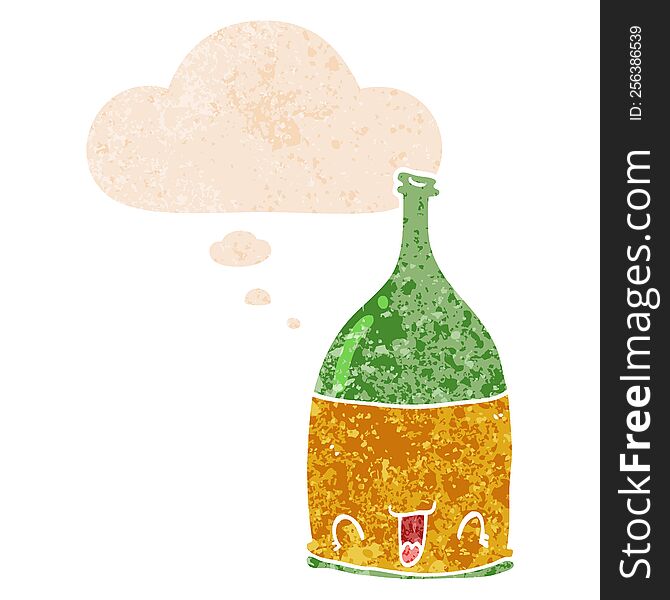 Cartoon Wine Bottle And Thought Bubble In Retro Textured Style